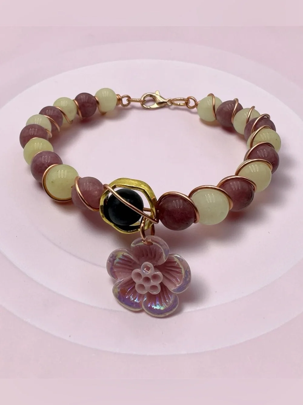 Handmade Red & Light Yellow Beaded Bracelet with Flower Charm